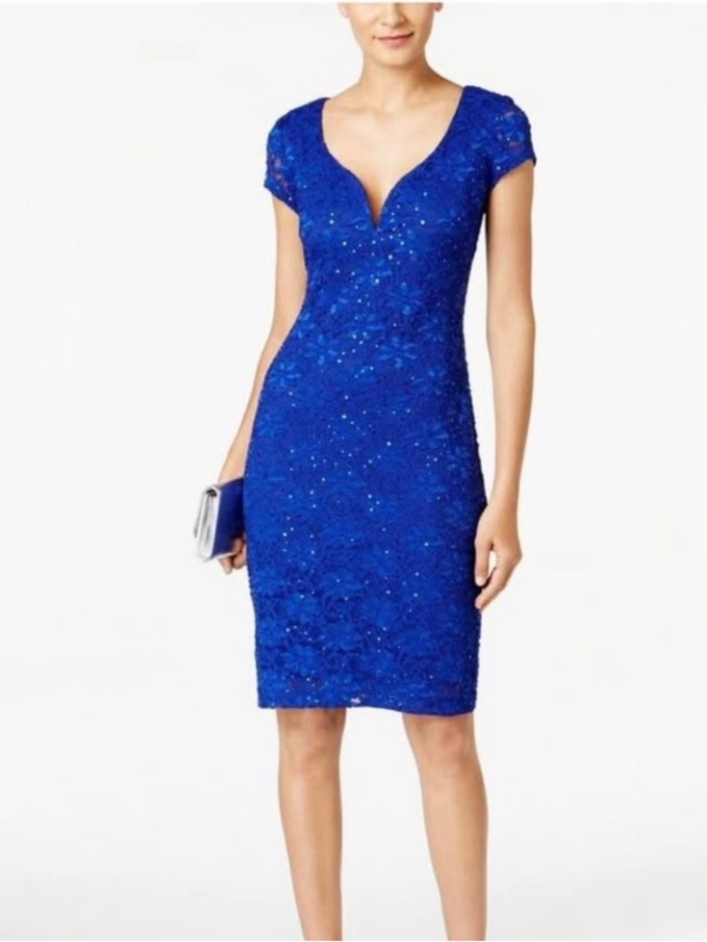 CONNECTED APPAREL Blue Lace Sequin Cap Sleeve Sheath Dress 10P NWOT